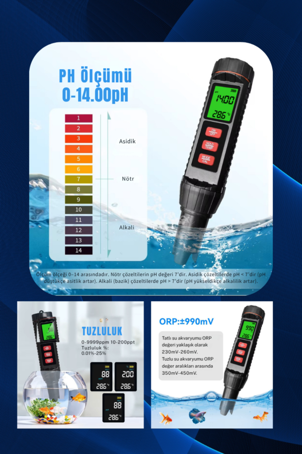 Novasmart NV-71 7’li Ölçüm Cihazı Ph Ec Tds Tuzluluk Orp S.g. Sıcaklık Ölçer – Profesyonel Su Analiz Test Cihazı - Görsel 2
