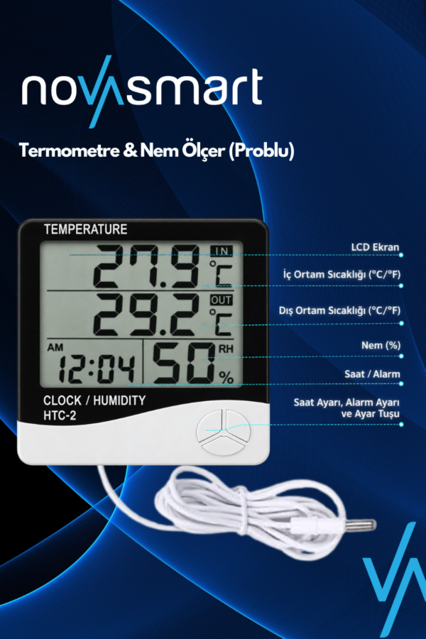Dijital Termometre ve Nem Ölçer – İç/Dış Ortam Sıcaklık, Nem, Saat ve Alarm (Problu) - Görsel 3