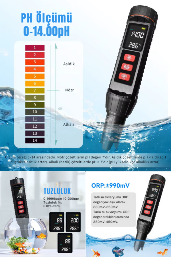 Novasmart NV-71 7’li Ölçüm Cihazı Ph Ec Tds Tuzluluk Orp S.g. Sıcaklık Ölçer – Profesyonel Su Analiz Test Cihazı - Görsel 2