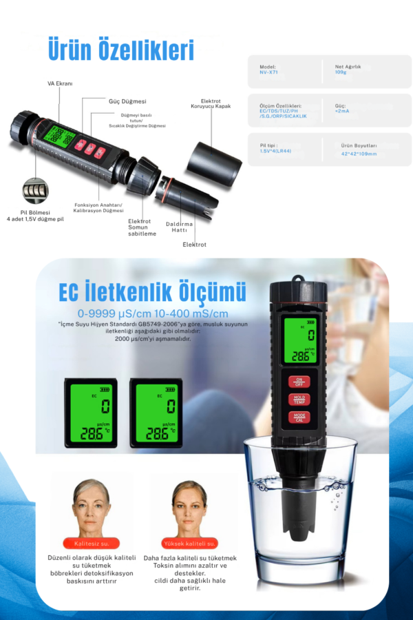 Novasmart NV-71 7’li Ölçüm Cihazı Ph Ec Tds Tuzluluk Orp S.g. Sıcaklık Ölçer – Profesyonel Su Analiz Test Cihazı - Görsel 3