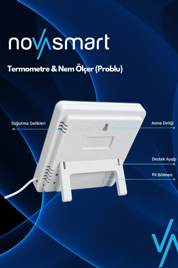 Dijital Termometre ve Nem Ölçer – İç/Dış Ortam Sıcaklık, Nem, Saat ve Alarm (Problu) - Görsel 2