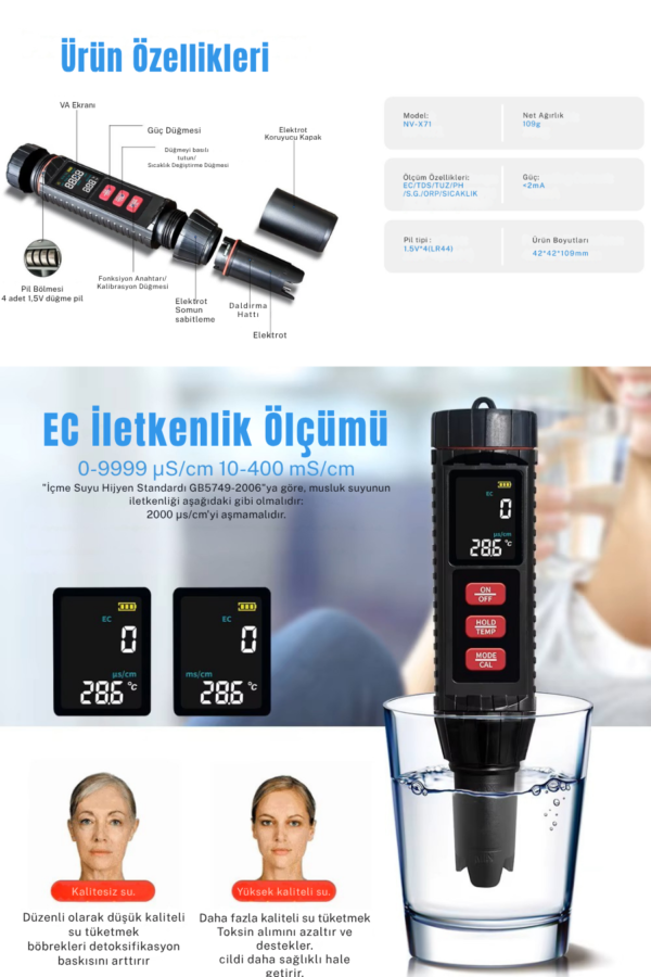 Novasmart NV-71 7’li Ölçüm Cihazı Ph Ec Tds Tuzluluk Orp S.g. Sıcaklık Ölçer – Profesyonel Su Analiz Test Cihazı - Görsel 3