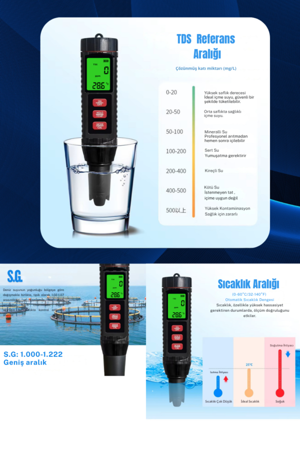 Novasmart NV-71 7’li Ölçüm Cihazı Ph Ec Tds Tuzluluk Orp S.g. Sıcaklık Ölçer – Profesyonel Su Analiz Test Cihazı - Görsel 4