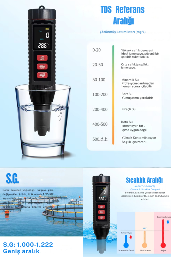Novasmart NV-71 7’li Ölçüm Cihazı Ph Ec Tds Tuzluluk Orp S.g. Sıcaklık Ölçer – Profesyonel Su Analiz Test Cihazı - Görsel 4