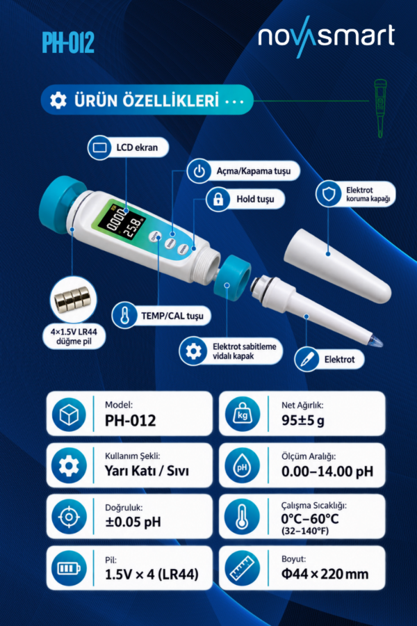 Novasmart PH-012 Yarı Katı ve Sıvı Numuneler Için Dijital Ph Metre - Görsel 5