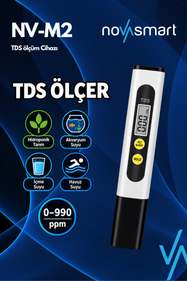Novasmart NV-TDSM2 Dijital TDS Metre – Su Kalitesi Ölçüm Cihazı 0–990 ppm - Görsel 2