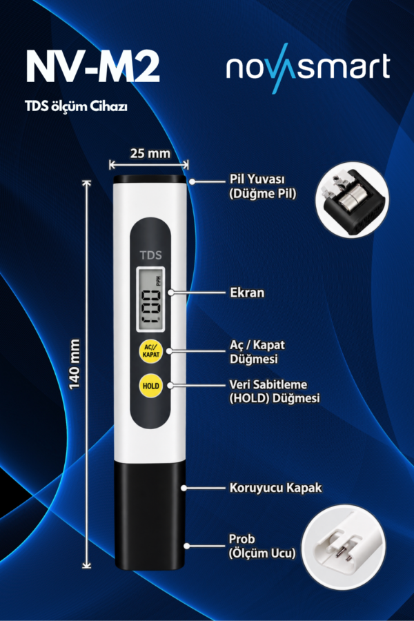 Novasmart NV-TDSM2 Dijital TDS Metre – Su Kalitesi Ölçüm Cihazı 0–990 ppm - Görsel 3
