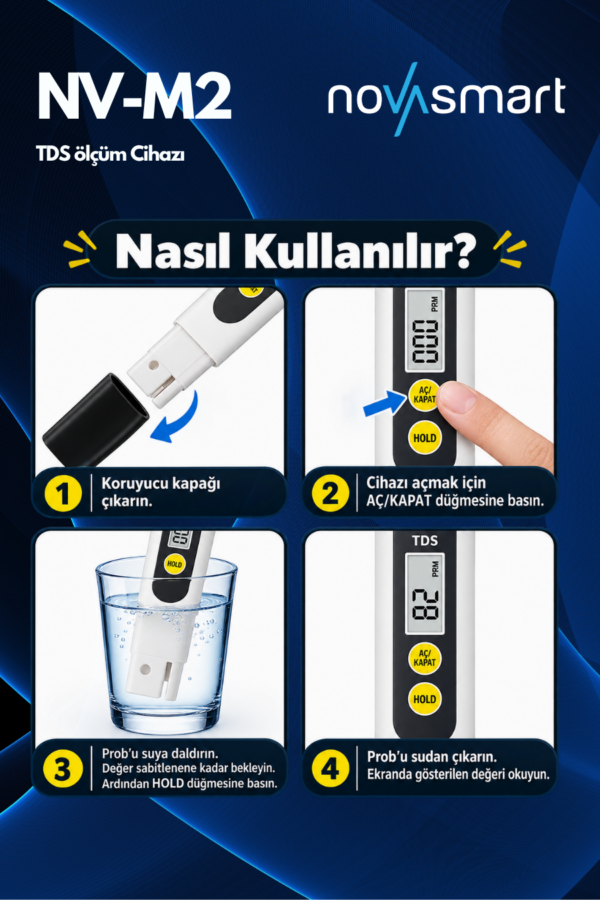 Novasmart NV-TDSM2 Dijital TDS Metre – Su Kalitesi Ölçüm Cihazı 0–990 ppm - Görsel 4